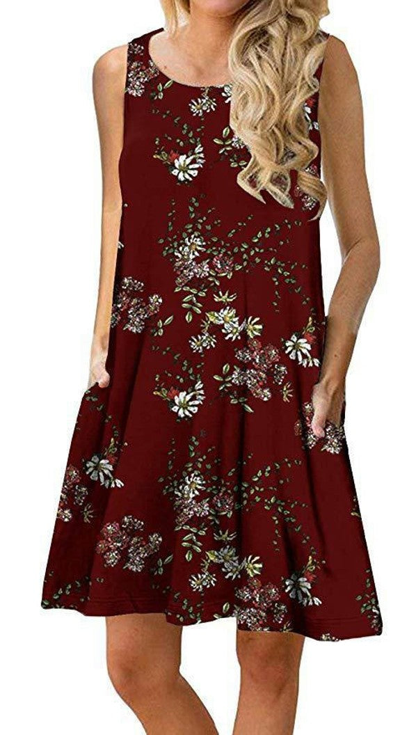 Women's Summer Sleeveless Casual Floral Print Midi Dress with Pocket