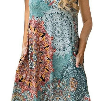 Women's Summer Sleeveless Casual Floral Print Midi Dress with Pocket