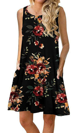 Women's Summer Sleeveless Casual Floral Print Midi Dress with Pocket