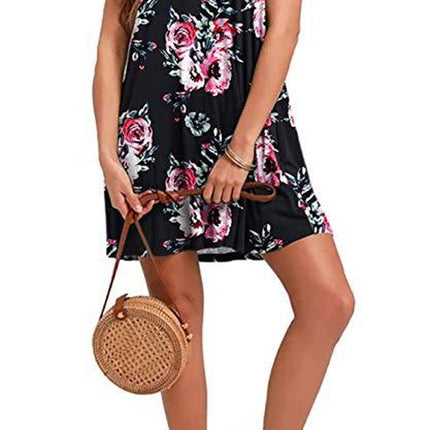 Women's Summer Sleeveless Casual Floral Print Midi Dress with Pocket