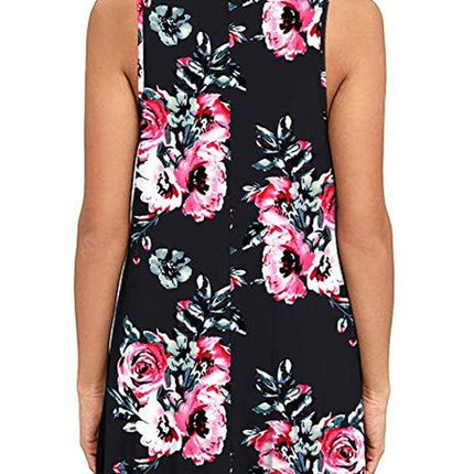 Women's Summer Sleeveless Casual Floral Print Midi Dress with Pocket