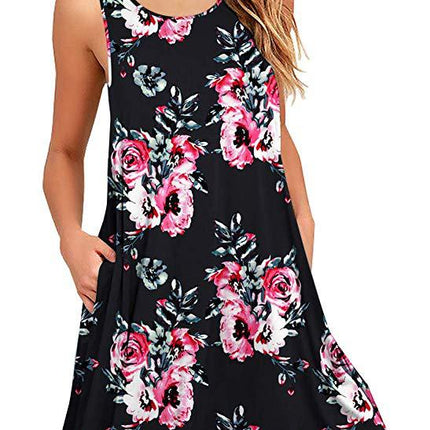 Women's Summer Sleeveless Casual Floral Print Midi Dress with Pocket