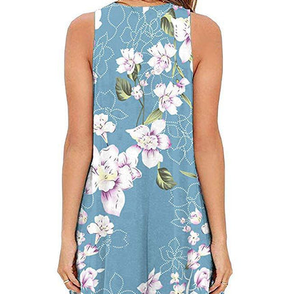 Women's Summer Sleeveless Casual Floral Print Midi Dress with Pocket