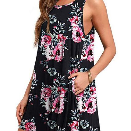 Women's Summer Sleeveless Casual Floral Print Midi Dress with Pocket