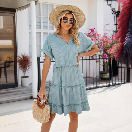 Women V Neck Dress Summer Short Sleeve Flowy Tiered A Line Dresses