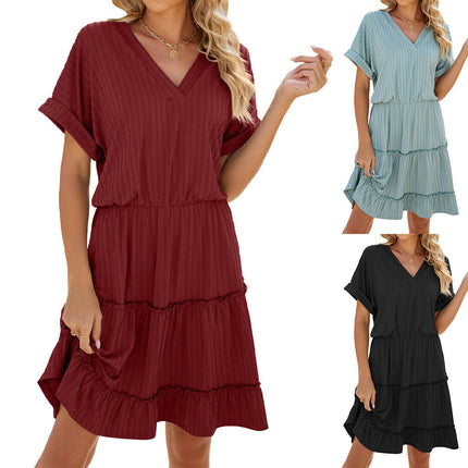 Women V Neck Dress Summer Short Sleeve Flowy Tiered A Line Dresses