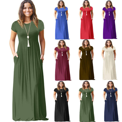 Women Short Sleeve Long Dresses Summer Casual Dress with Pocket