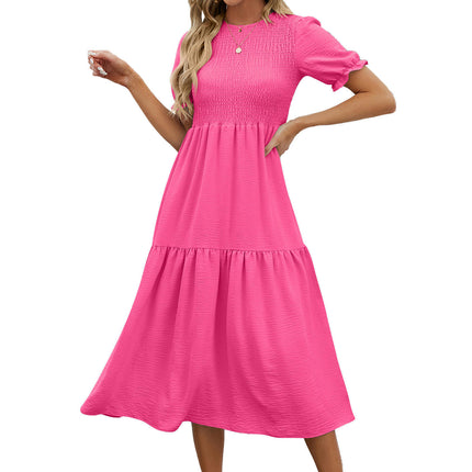 Women's Summer Midi Dress Short Sleeve Round Neck Smocked Tiered Ruffle Dresses