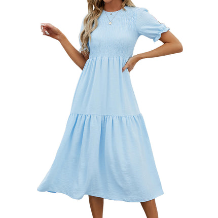 Women's Summer Midi Dress Short Sleeve Round Neck Smocked Tiered Ruffle Dresses