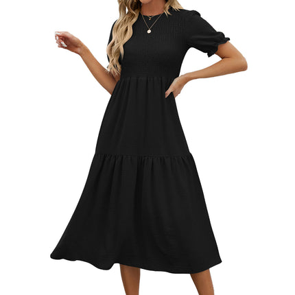 Women's Summer Midi Dress Short Sleeve Round Neck Smocked Tiered Ruffle Dresses