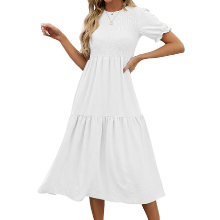 Women's Summer Midi Dress Short Sleeve Round Neck Smocked Tiered Ruffle Dresses