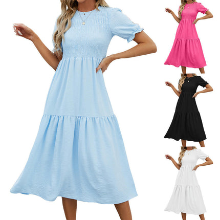 Women's Summer Midi Dress Short Sleeve Round Neck Smocked Tiered Ruffle Dresses