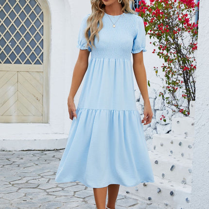 Women's Summer Midi Dress Short Sleeve Round Neck Smocked Tiered Ruffle Dresses