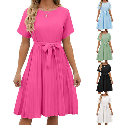 Women's Pleated Short Sleeve High Waist Belted A Line Short Dress