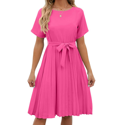 Women's Pleated Short Sleeve High Waist Belted A Line Short Dress