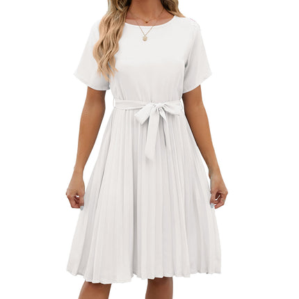 Women's Pleated Short Sleeve High Waist Belted A Line Short Dress