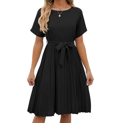 Women's Pleated Short Sleeve High Waist Belted A Line Short Dress