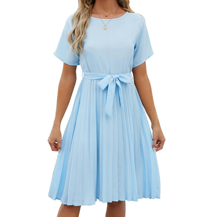 Women's Pleated Short Sleeve High Waist Belted A Line Short Dress