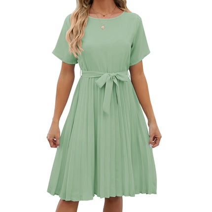 Women's Pleated Short Sleeve High Waist Belted A Line Short Dress