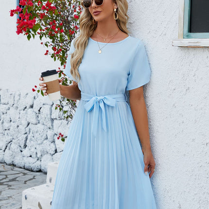 Women's Pleated Short Sleeve High Waist Belted A Line Short Dress