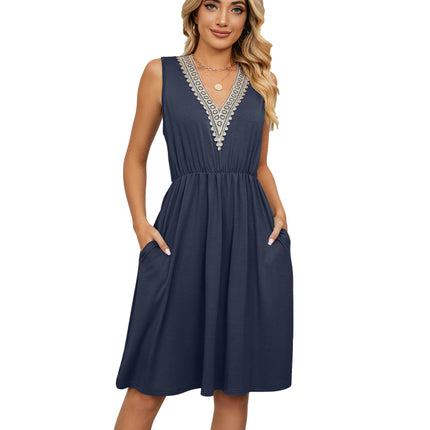 Women Summer Dresses Sleeveless Casual Loose Swing Down Midi Dress with Pockets