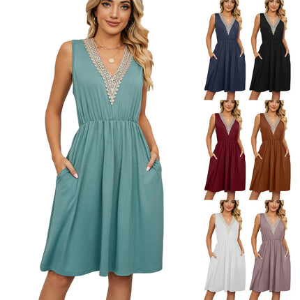 Women Summer Dresses Sleeveless Casual Loose Swing Down Midi Dress with Pockets