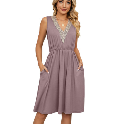 Women Summer Dresses Sleeveless Casual Loose Swing Down Midi Dress with Pockets