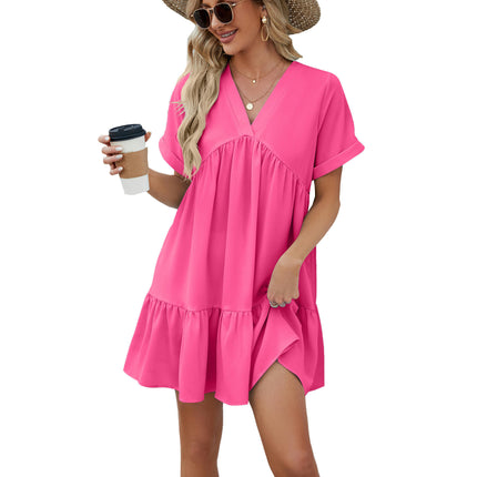 Women's Summer V Neck Short Sleeve Ruffle Beach Mini Dress