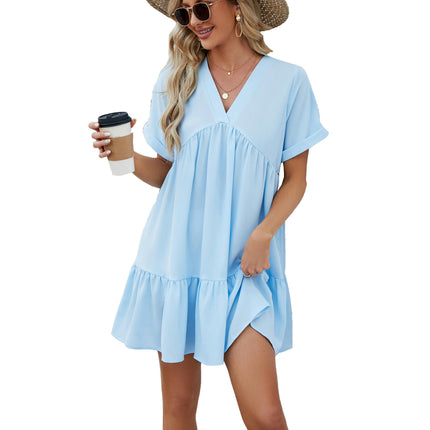 Women's Summer V Neck Short Sleeve Ruffle Beach Mini Dress