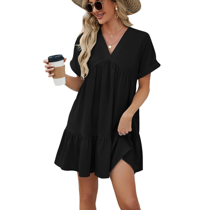 Women's Summer V Neck Short Sleeve Ruffle Beach Mini Dress