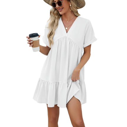 Women's Summer V Neck Short Sleeve Ruffle Beach Mini Dress