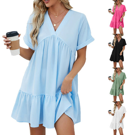 Women's Summer V Neck Short Sleeve Ruffle Beach Mini Dress