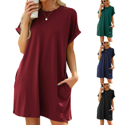 Women Casual Summer T Shirt Dress Loose Short Sleeve Dress with Pocket