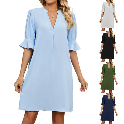 Women's V Neck Ruffle Short Sleeve Solid Color Casual Summer Dress