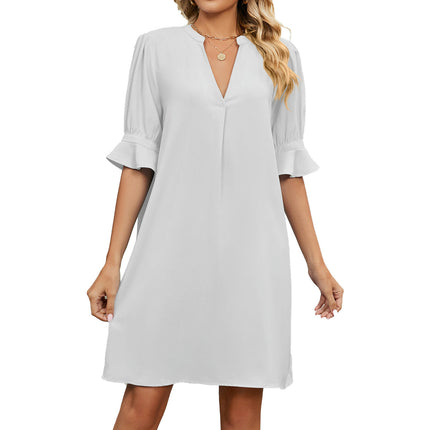 Women's V Neck Ruffle Short Sleeve Solid Color Casual Summer Dress