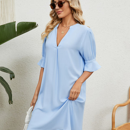 Women's V Neck Ruffle Short Sleeve Solid Color Casual Summer Dress