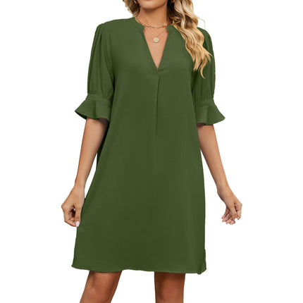 Women's V Neck Ruffle Short Sleeve Solid Color Casual Summer Dress