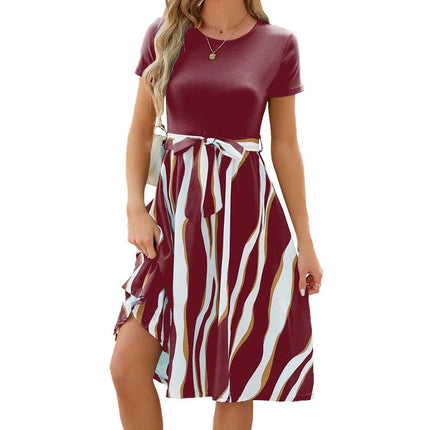 Women's Summer Dresses Round Neck Short Sleeve Flowy Midi Dress