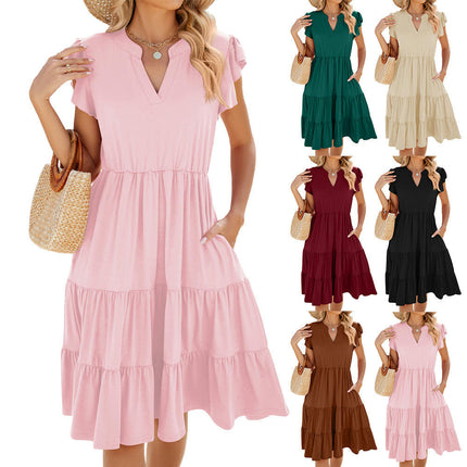 Women's Summer Dresses Short Sleeves Ruffle Sleeve V Neck Flowy Mini Dress