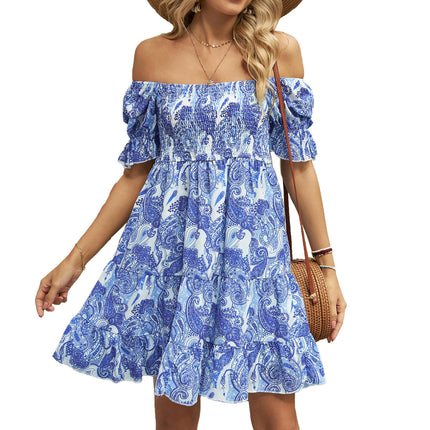 Women's Off The Shoulder Dress Short Sleeve Casual A Line Ruffle Summer Dresses