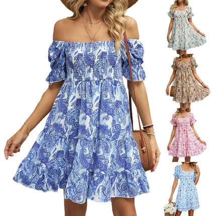 Women's Off The Shoulder Dress Short Sleeve Casual A Line Ruffle Summer Dresses