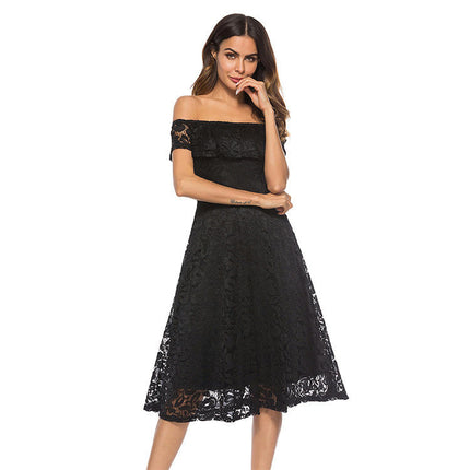 Women's Summer Off Shoulder Lace Dress Short Sleeve Flowy Dresses