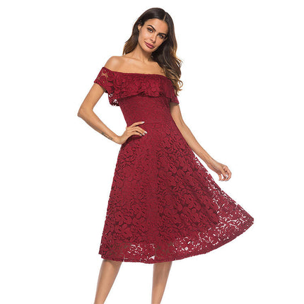 Women's Summer Off Shoulder Lace Dress Short Sleeve Flowy Dresses