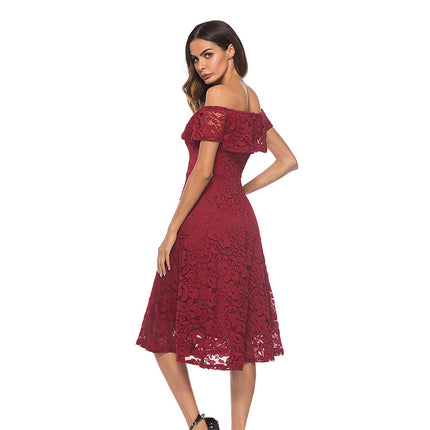 Women's Summer Off Shoulder Lace Dress Short Sleeve Flowy Dresses