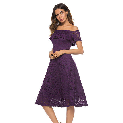 Women's Summer Off Shoulder Lace Dress Short Sleeve Flowy Dresses