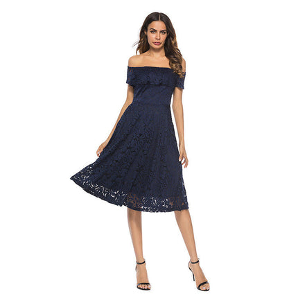 Women's Summer Off Shoulder Lace Dress Short Sleeve Flowy Dresses