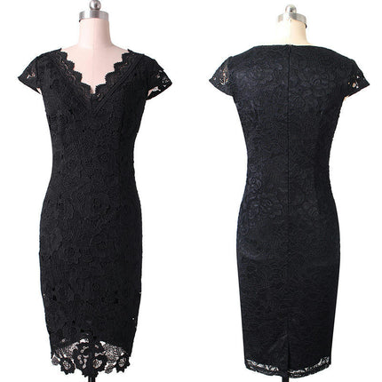 Women's V Neck Lace Short Sleeve Bodycon Pencil Dress