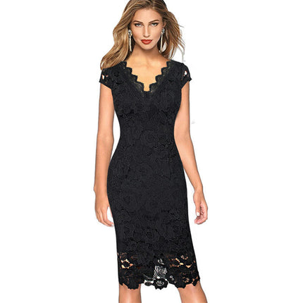 Women's V Neck Lace Short Sleeve Bodycon Pencil Dress