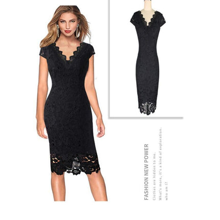 Women's V Neck Lace Short Sleeve Bodycon Pencil Dress