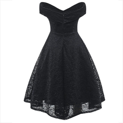 Women Off Shoulder Short Dress Deep-V Neck Lace Dress